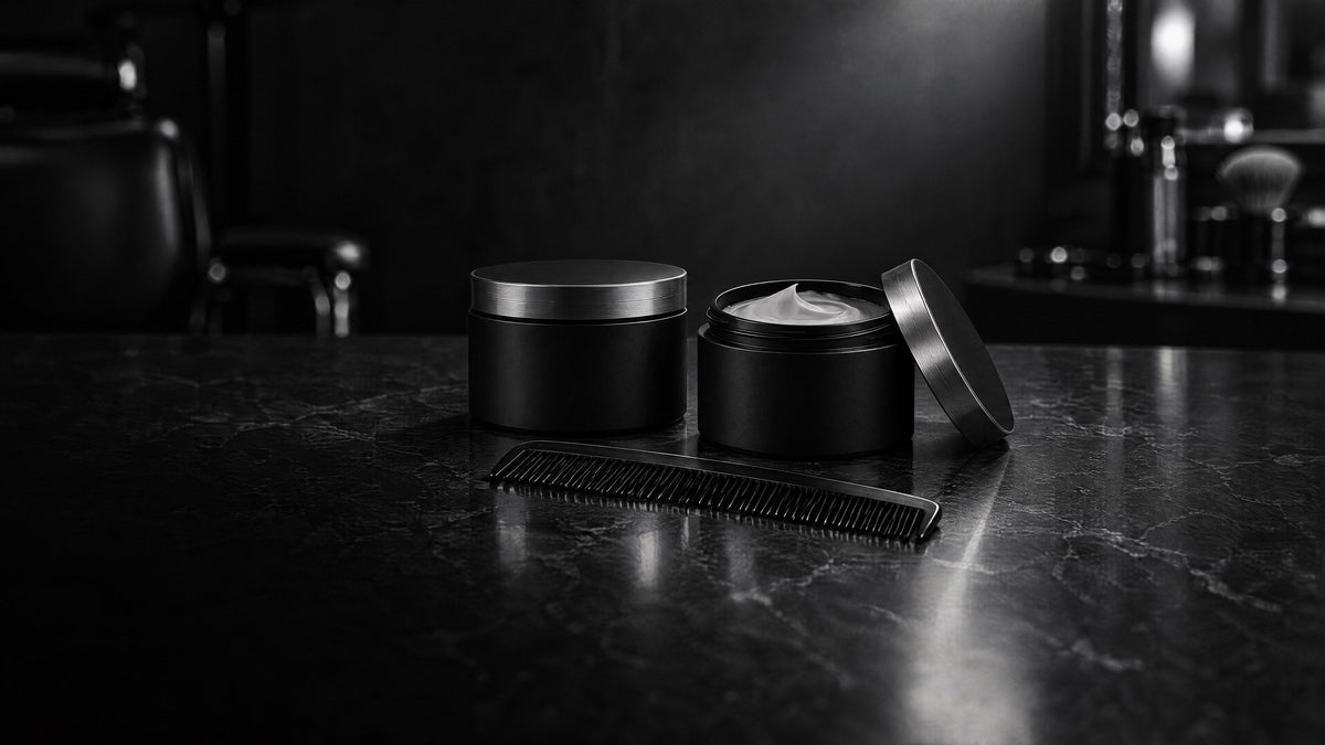 Two black pomade jars and a comb on a dark stone barbershop counter