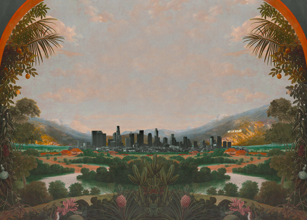 Painted Los Angeles skyline with the Hollywood sign, Hanz de Fuko artwork