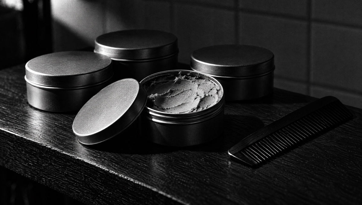 Tins of styling clay and a comb on a shelf at High Endz Hair