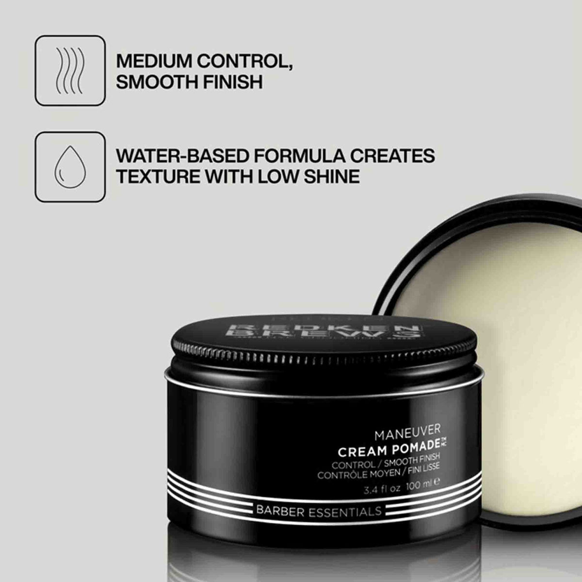 Redken Brews Maneuver Cream Pomade: medium control, smooth finish, water-based formula