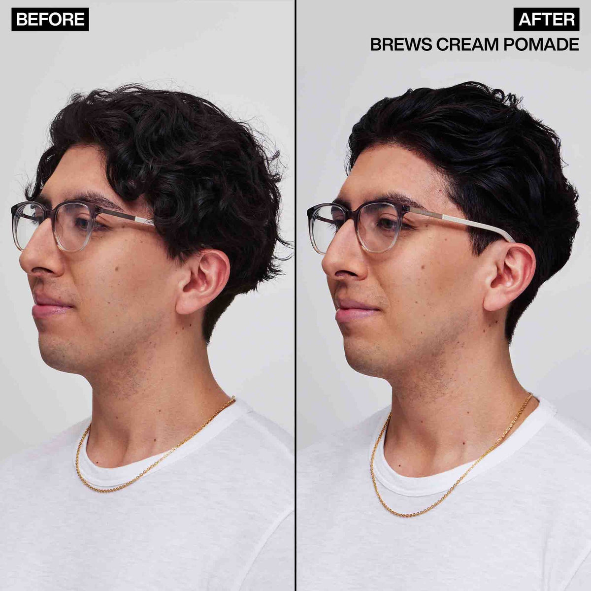 Side view, before and after styling with Redken Brews Maneuver Cream Pomade