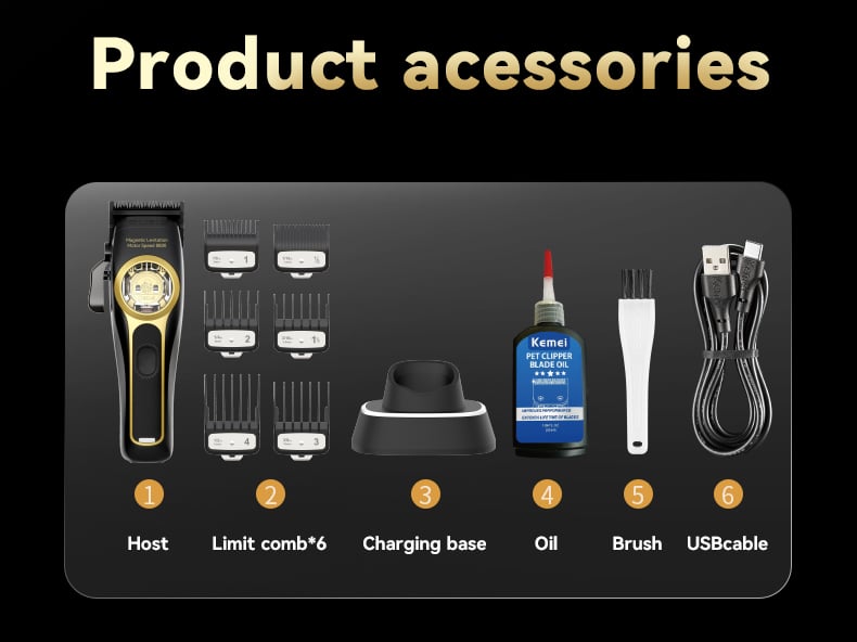 What comes in the box: Kemei KM-2373 clipper, six guide combs, charging base, oil, brush and USB cable