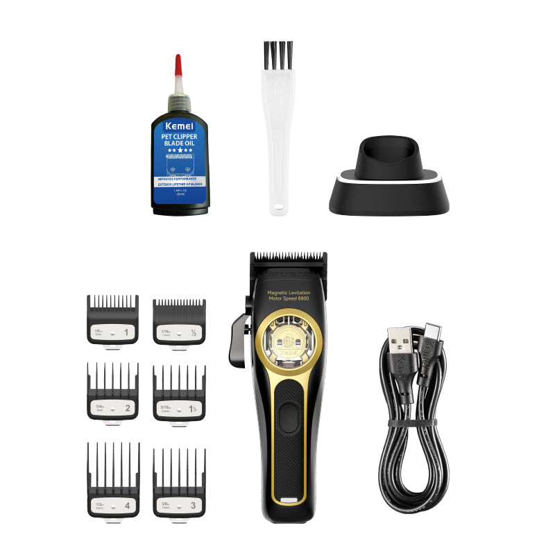 Kemei KM-2373 hair clipper with six guide combs, charging base, oil, cleaning brush and USB cable