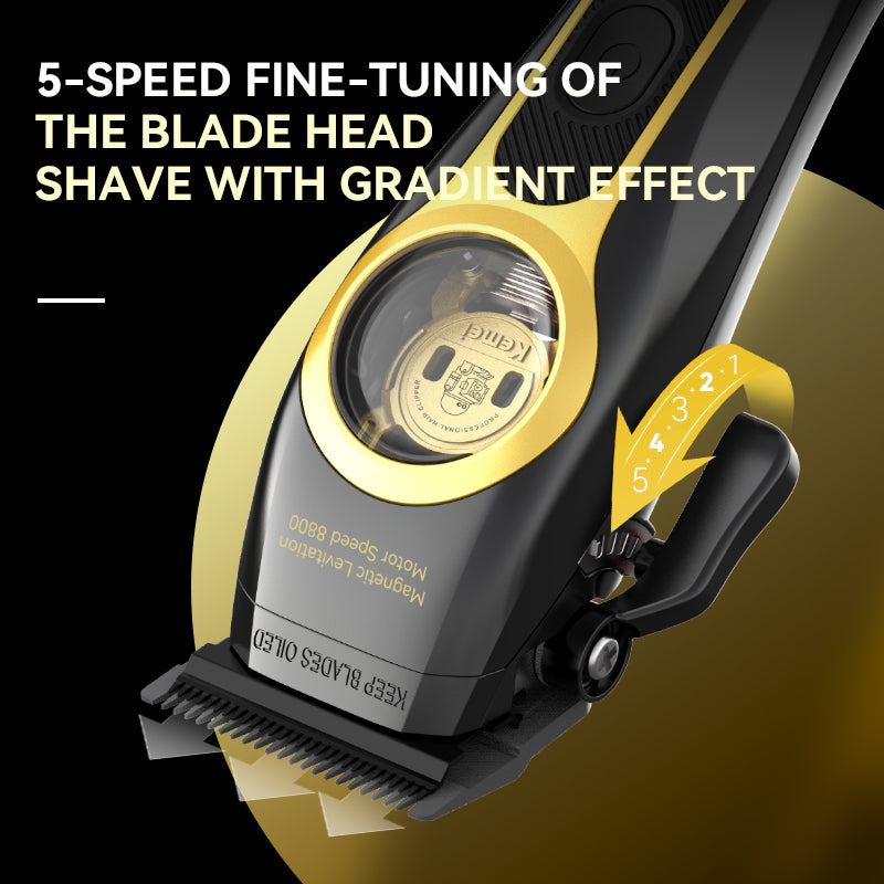 Close-up of the Kemei KM-2373 blade head and its 5-speed fine-tuning lever