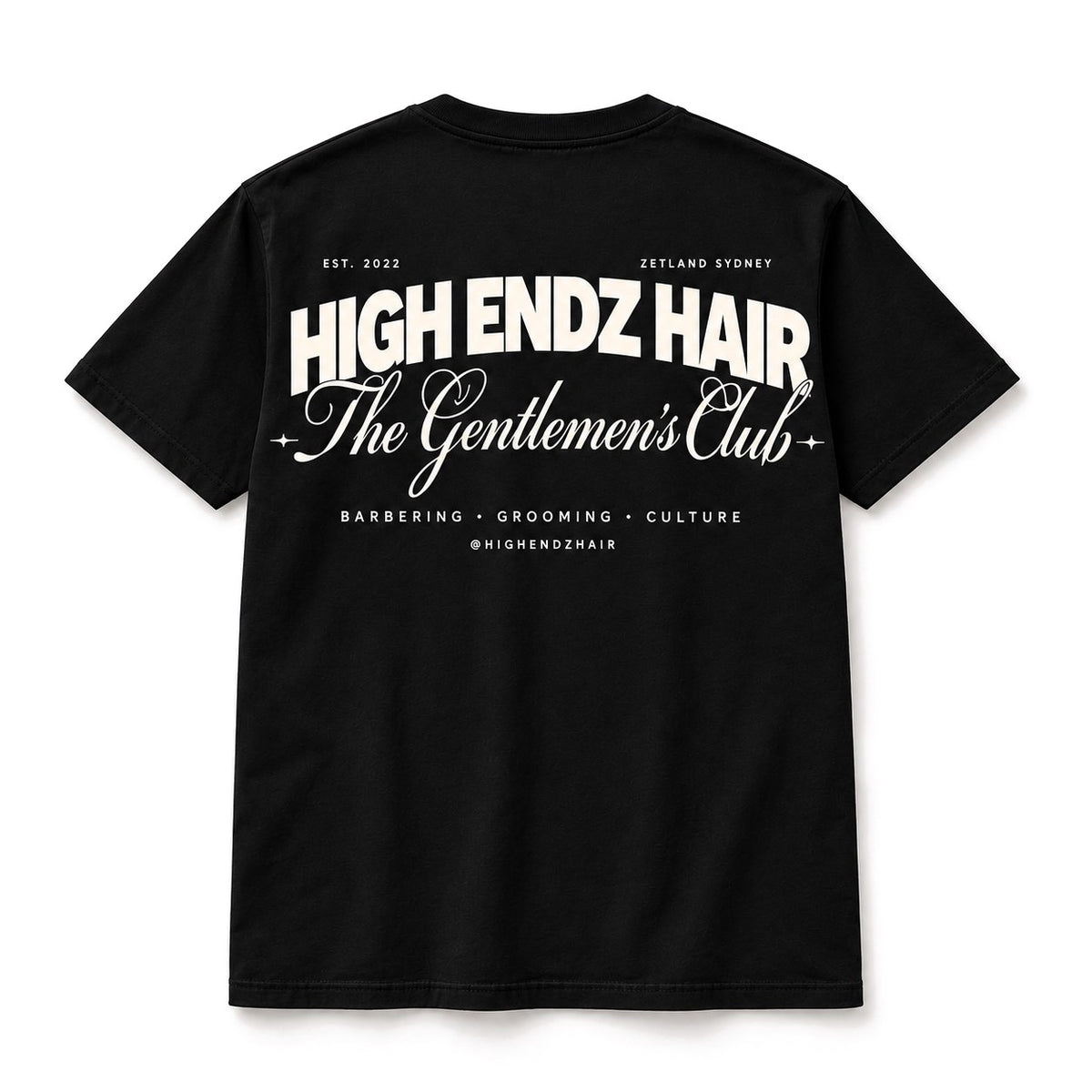 High Endz Hair Gentlemen's Club Tee in black, back print