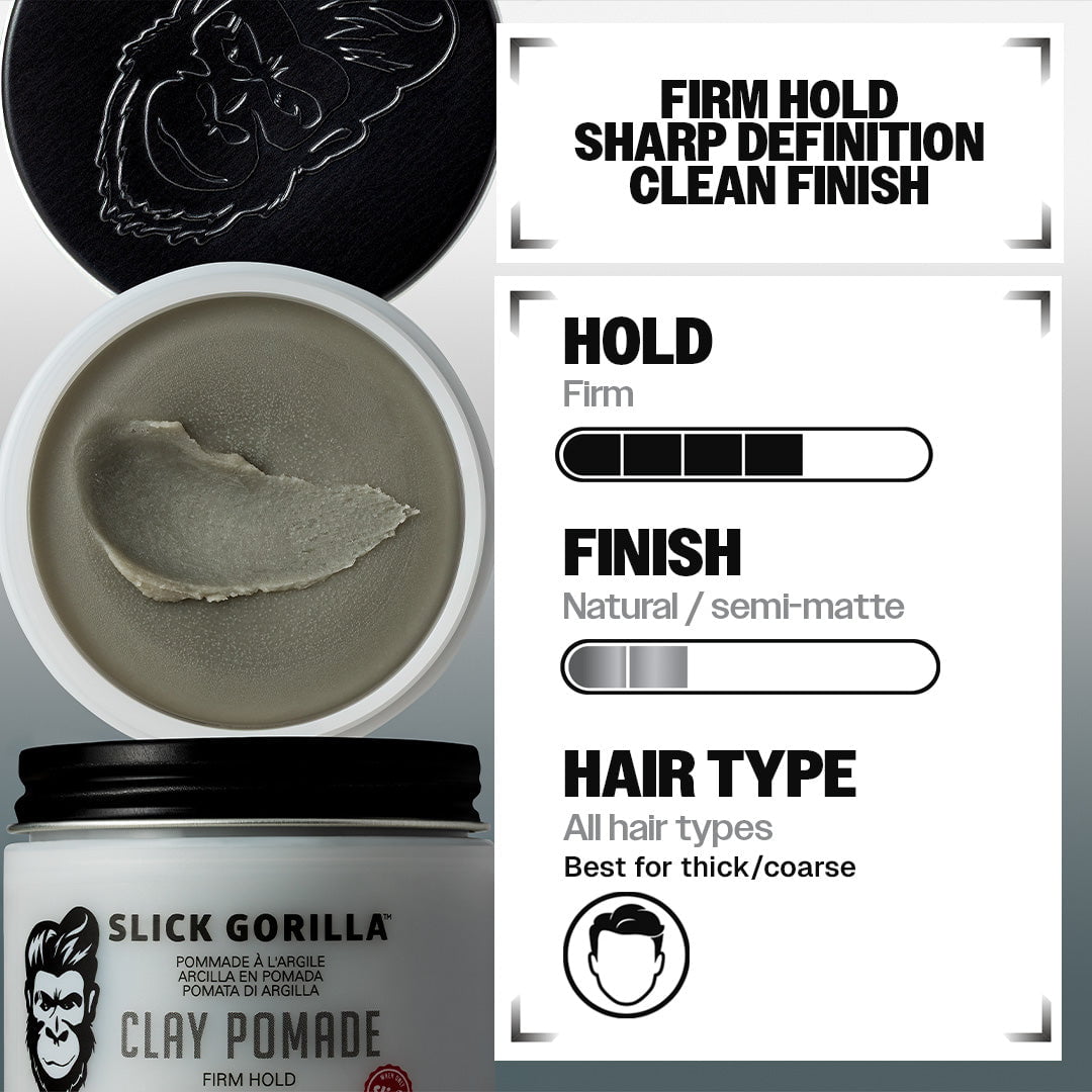 Slick Gorilla Clay Pomade: firm hold, natural to semi-matte finish, for all hair types